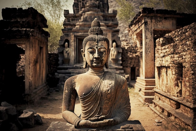 Buddha-Statue vor dem buddhistischen alten Tempel vor dem Hintergrund von Natursteinen, die mit Genen geschaffen wurden