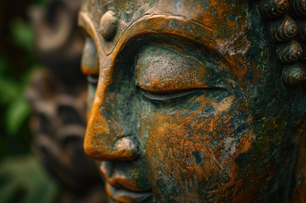 Buddhas ruhiges Gesicht symbolisiert spirituelle Erleuchtung, Frieden und Zen.
