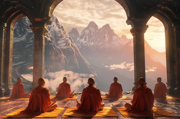 Foto buddhistische mönche meditieren in einem ruhigen bergmönch