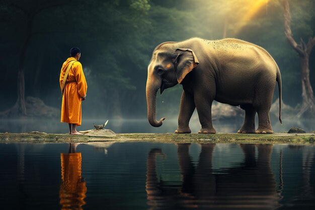Buddhistische Mönche und Elefanten im Wald Buddhistische Aktivitätskonzept Generative Ai