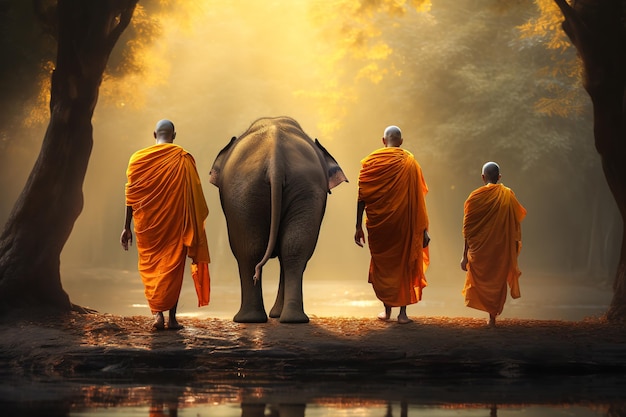 Buddhistische Mönche und Elefanten im Wald Buddhistische Aktivitätskonzept Generative Ai