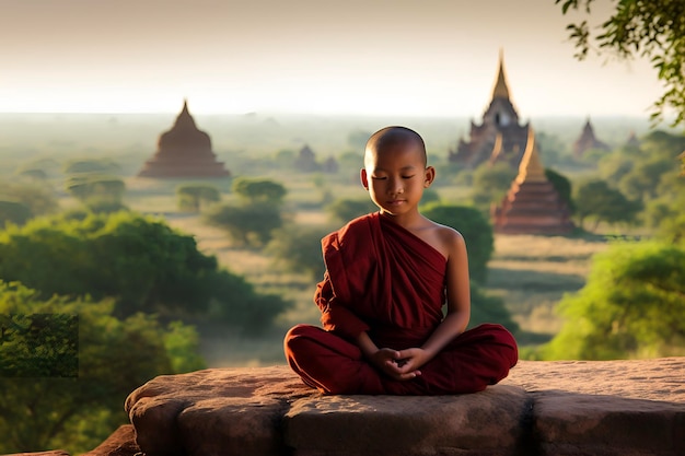 Buddhistischer junger Mönch meditiert auf einer Ziegelmauer in Bagan, Myanmar