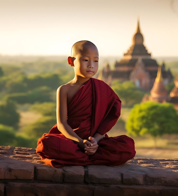 Buddhistischer junger Mönch meditiert auf einer Ziegelmauer in Bagan, Myanmar