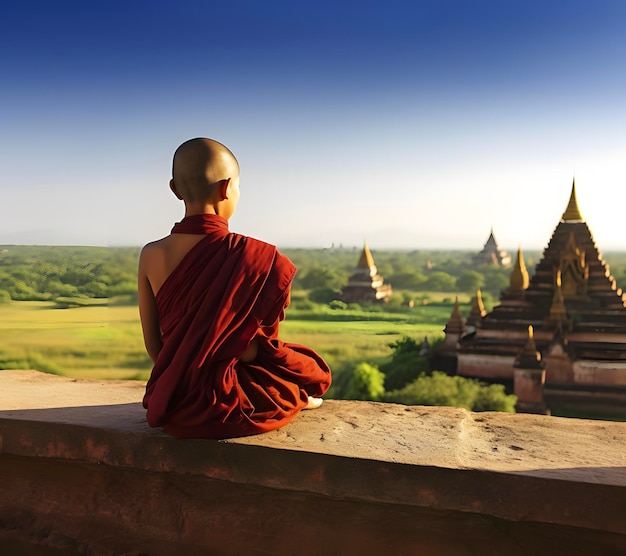 Buddhistischer junger Mönch meditiert auf einer Ziegelmauer in Bagan, Myanmar