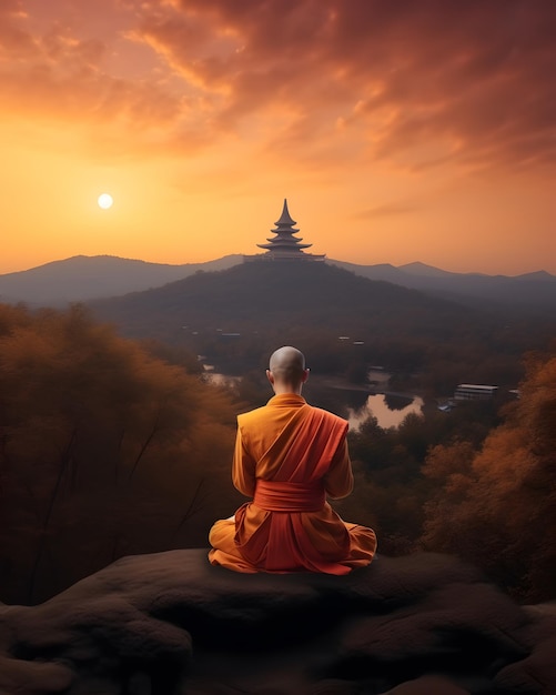 Buddhistischer Mönch in Meditation auf einem Berggipfel bei einem wunderschönen Sonnenuntergang oder Sonnenaufgang