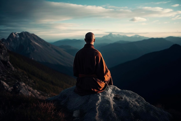 Buddhistischer Mönch meditiert auf einem Felsen Generative KI