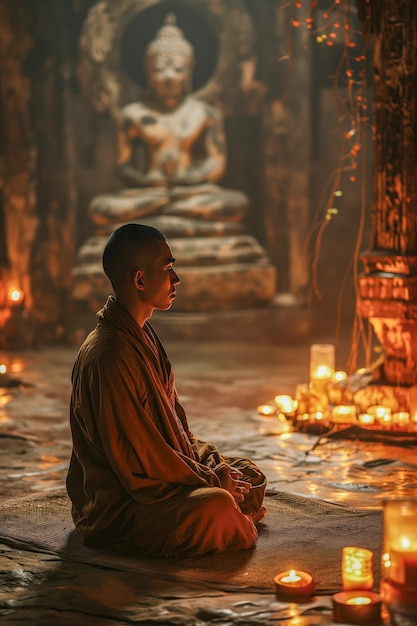 Buddhistischer Mönch meditiert vor einer Buddha-Statue