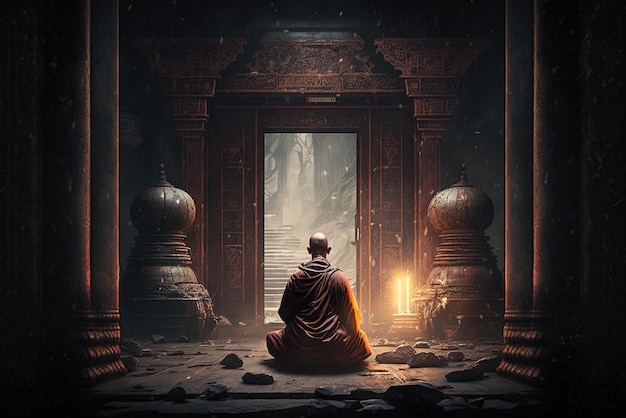 Buddhistischer Mönch sitzt im alten dunklen Tempel und meditiert über generative KI