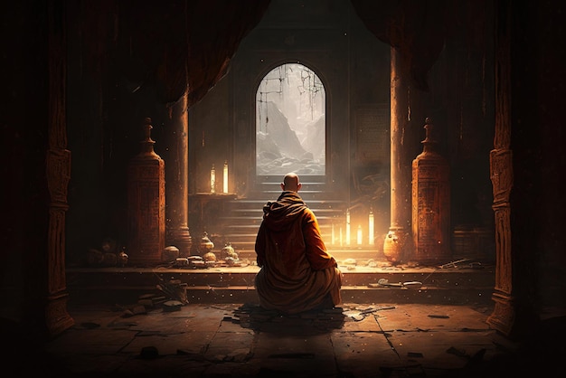Buddhistischer Mönch sitzt im alten dunklen Tempel und verehrt die heilige generative KI