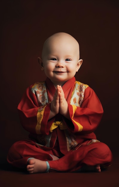 Buddhistisches Baby in einer betenden Position Unschuldiger Spiritualismus, surreales KI-generiertes Bild