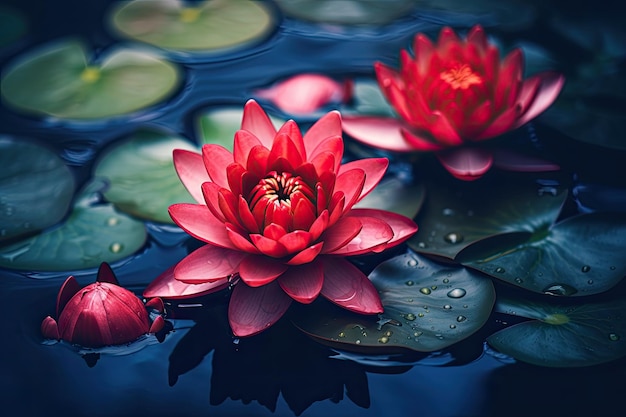 Buddhistisches Symbol, roter Lotus blüht auf dem Wasser mit blauen Blättern, Reinheit in der Natur