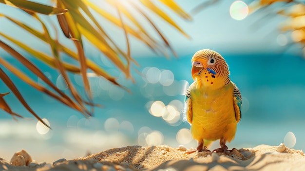 Budgerigar amarillo en la playa con hojas de palma y bokeh