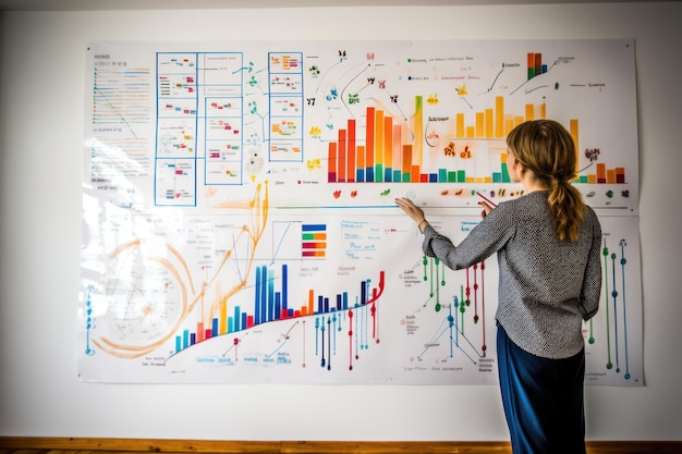 Budgetierung Mithilfe von bunten Markierungen und Diagrammen skizziert eine Frau ihren Finanzplan auf einem Whiteboard