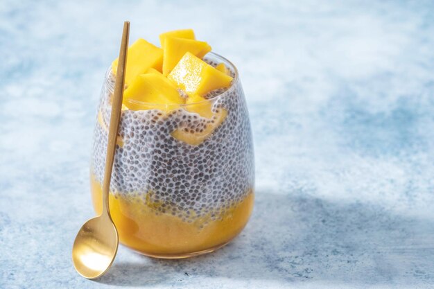 Budín de leche de coco y semillas de chía con puré de mango y mango fresco