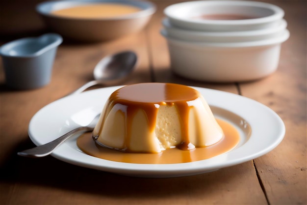 Budín de leche condensada cremoso casero cubierto con salsa de caramelo en un plato blanco sobre una mesa rústica de madera generada por IA