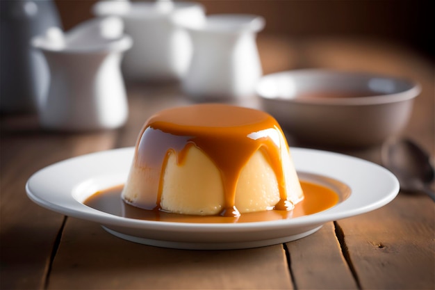 Budín de leche condensada cremoso casero cubierto con salsa de caramelo en un plato blanco sobre una mesa rústica de madera generada por IA