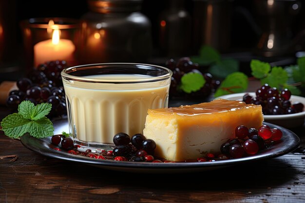 Budín de leche junto al humeante café generativo IA