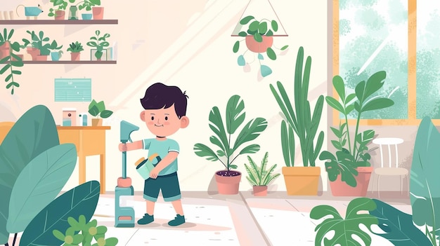 Buding ajuda a limpeza de primavera e jardinagem com um menino
