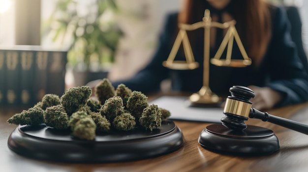 Foto budos de cannabis en un escritorio en un entorno legal con balanzas y martillo