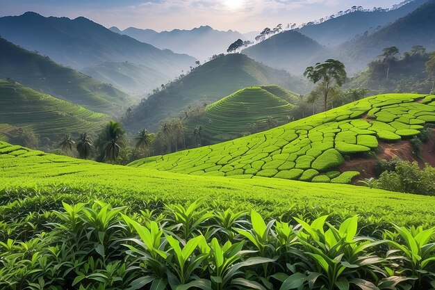 Foto budos y hojas de té frescosplantaciones de té