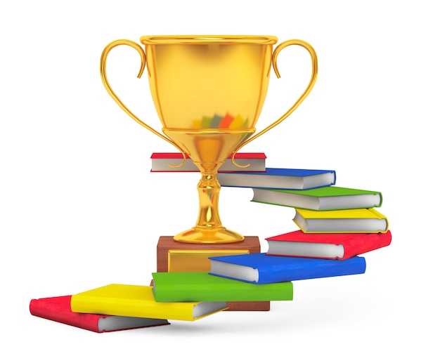 Bücher als Gürtel um die Goldene Trophäe auf weißem Hintergrund. 3D-Rendering