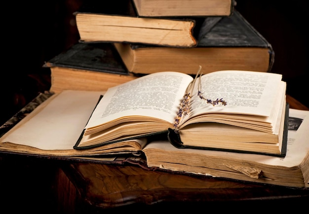 Bücher am Tisch ein Stapel alter Bücher mit Lesezeichen auf einem hölzernen Hintergrund Ein Zweig getrockneter Lavendel auf der Seite eines alten Buches Sommererinnerungen selektiver Fokus