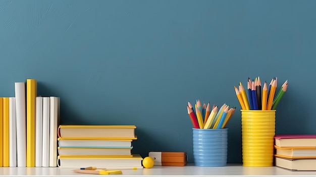 Bücher auf einem Schreibtisch mit blauem Hintergrund und einem gelben Stifthalter mit einer gelben Kugel darauf