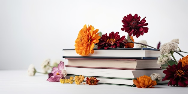 Bücher mit Blumen auf weißem Hintergrund Welttag des Buches Konzept Hintergrund