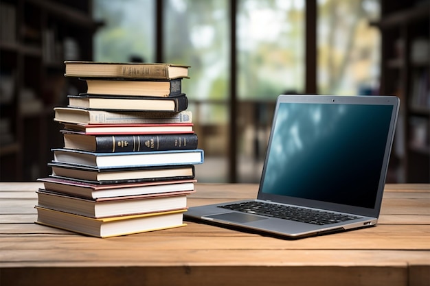 Foto bücher mit laptop auf dem tisch mit verschwommenem hintergrund