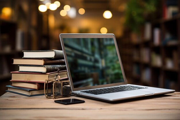 Foto bücher mit laptop auf dem tisch mit verschwommenem hintergrund