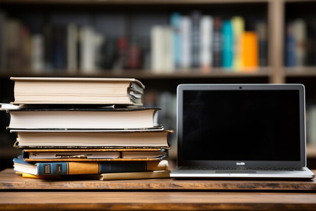 Foto bücher mit laptop auf dem tisch mit verschwommenem hintergrund