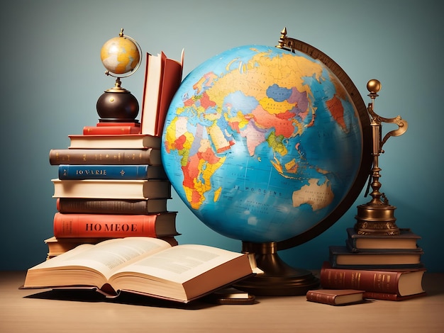 Bücher und Globus, Internationaler Tag der Alphabetisierung, 3D-Generierung von KI