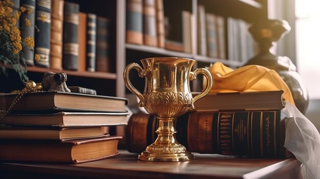 Foto bücher und goldene tasse auf dem schreibtisch, pädagogischer hintergrund