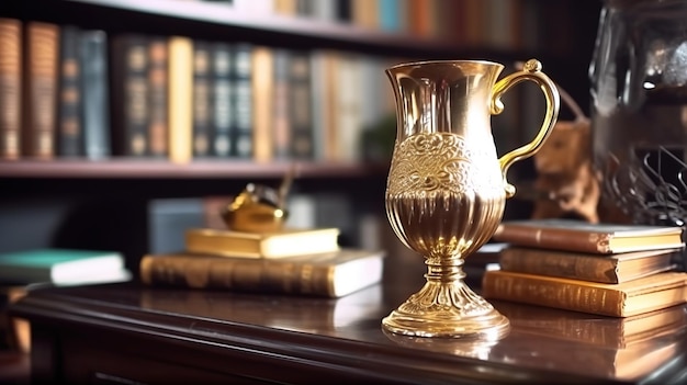 Bücher und goldene Tasse auf dem Schreibtisch, pädagogischer Hintergrund