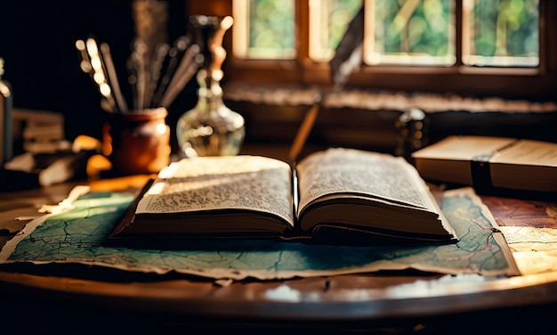 Bücher und Karten Schatzkarten auf dem Tisch im Lernzimmer