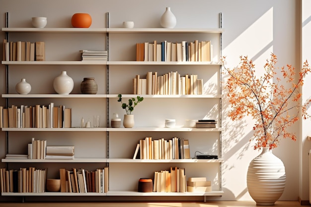 Bücherregal mit Büchern und Vase