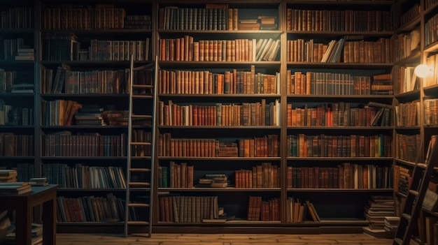 Bücherreihen in Regalen in einer Bibliothek Entwicklungsraum Al generiert