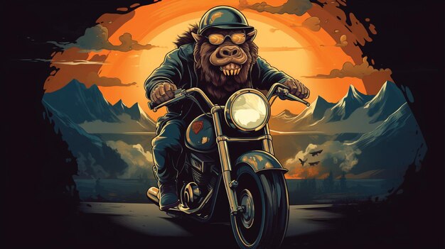 Büffel im Cartoon-Stil mit Helm auf einem Motorrad