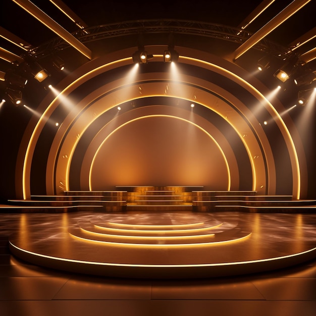 Bühne auf einem glänzenden goldenen Podium mit Scheinwerfern