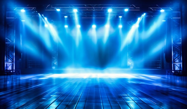 Bühne mit blauem Licht und leuchtend blauen Vorhängen