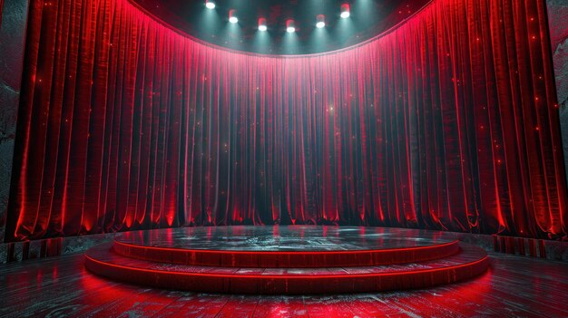 Bühne mit rotem Vorhang und Scheinwerfern