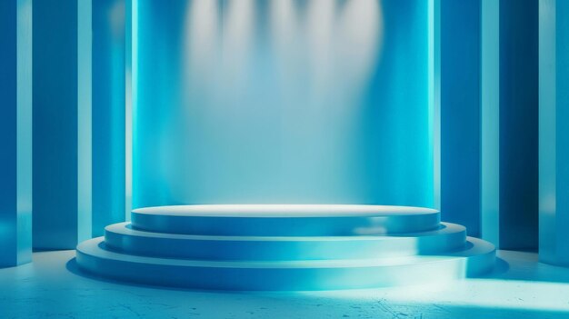 Bühne und Präsentation des Produkts auf blauem Hintergrund im Showroom-Studio