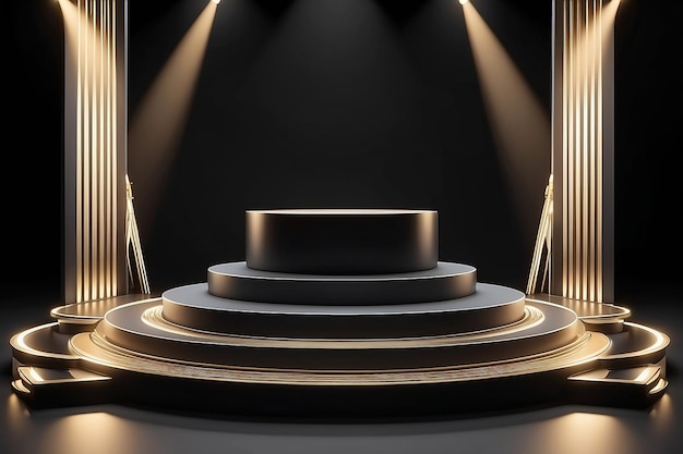 Bühnenpodiumszene für die Preisverleihung auf schwarzem Hintergrund Bühnenspodium mit Beleuchtung 3D-Rendering