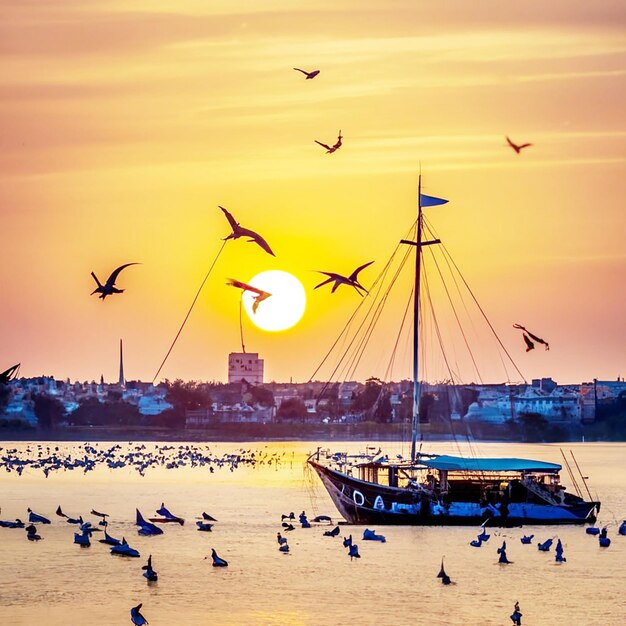 Foto buen barco con bonitos pájaros haming