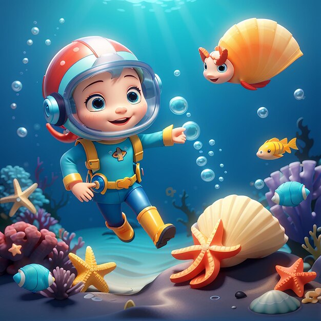 Buen buzo nadando en el mar con concha de perla icono vectorial de dibujos animados ilustración ciencia icono animal concepto vectorial premium aislado