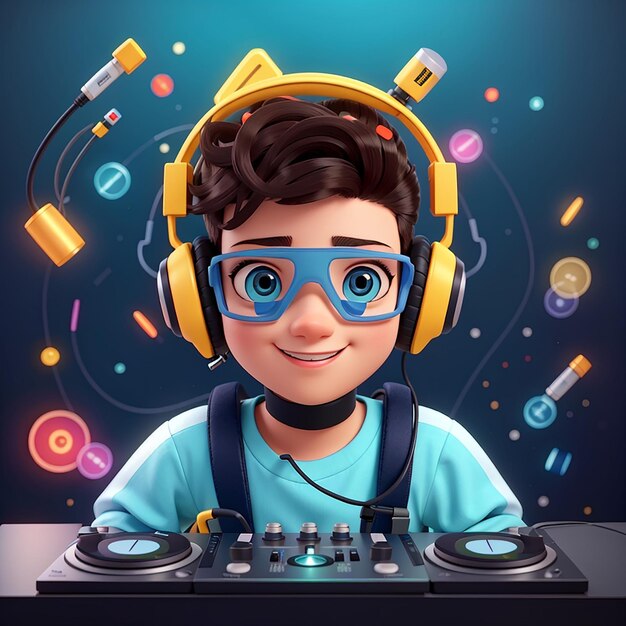 Foto buen buzo tocando música electrónica de dj con auriculares icono vectorial de dibujos animados ilustración de ciencia plana