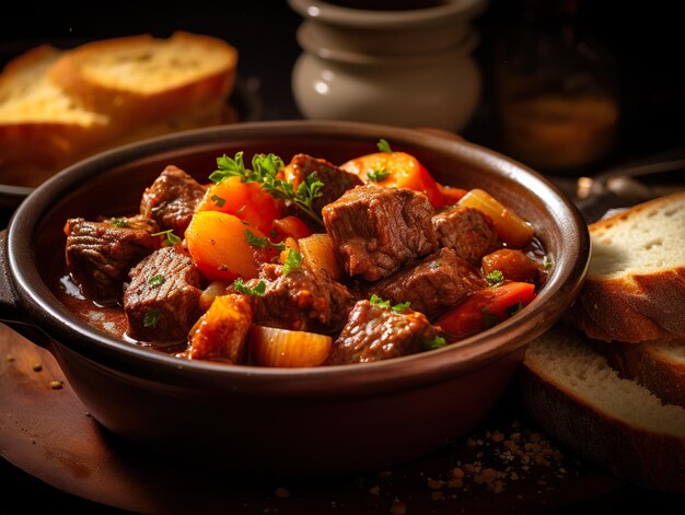 Un buen estofado de carne de res con patatas en una olla y un lado de tostadas.