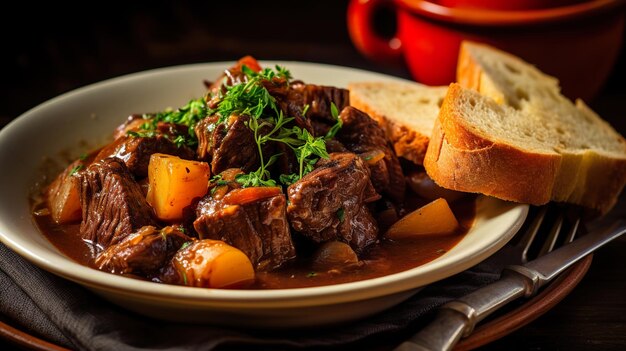 Un buen estofado de carne de res con patatas en una olla y un lado de tostadas.