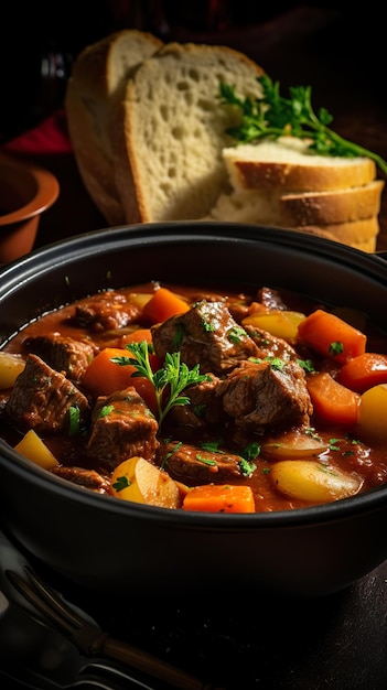 Un buen estofado de carne de res con patatas en una olla y un lado de tostadas.