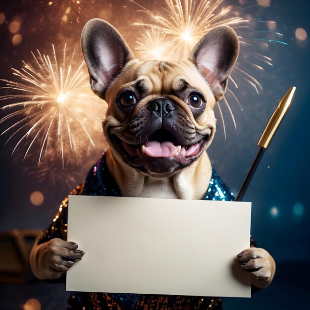 Buen perro buen bulldog francés feliz año nuevo mockup escribir su propio texto diseñar su propio logotipo mock up